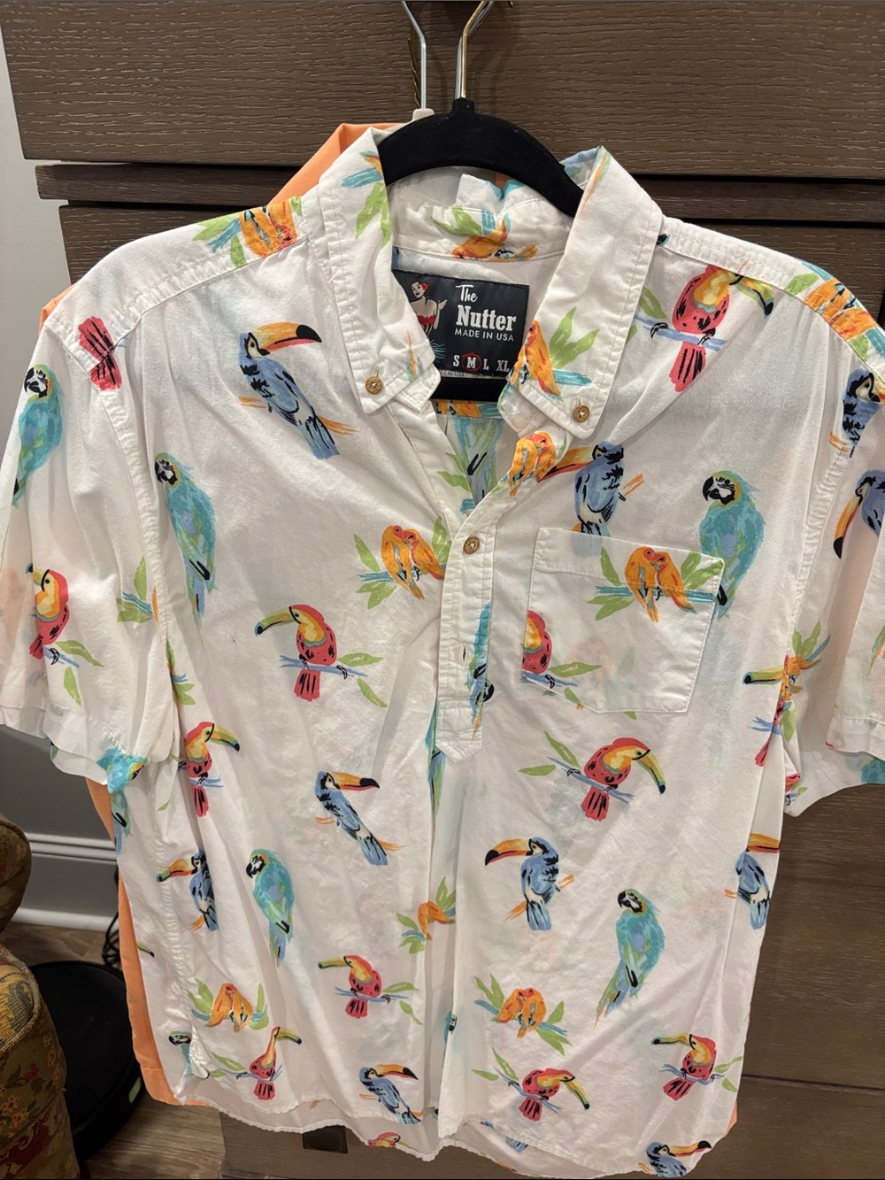 White Short-Sleeve Parrot Print Button-Down Shirt
